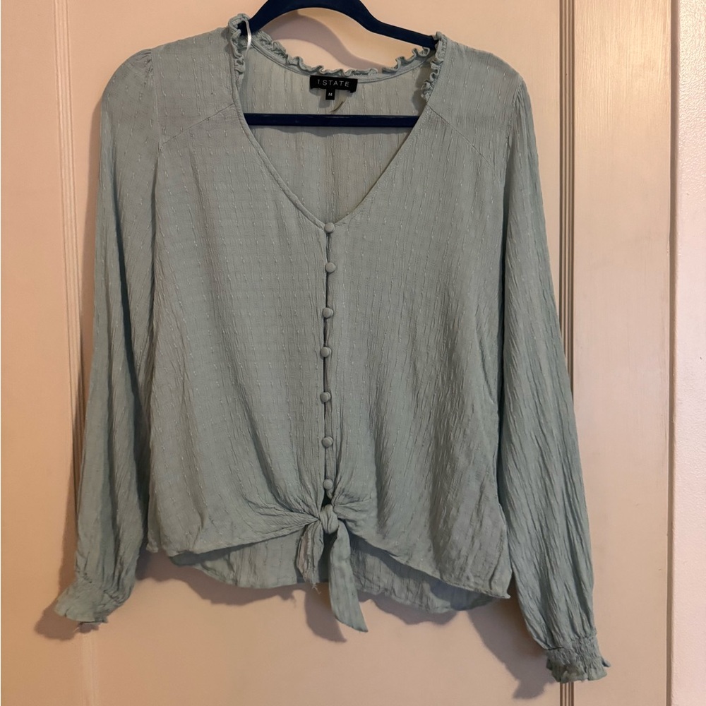 1. State Women's Soft Blue Tie-Front Blouse